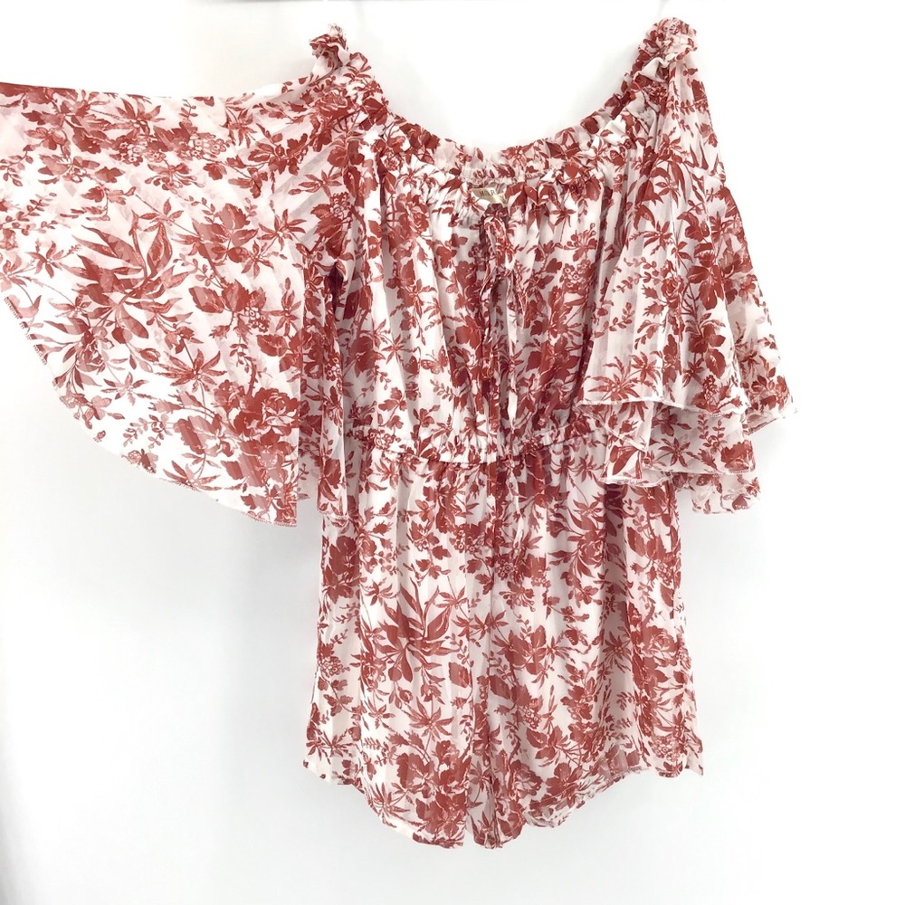 MORRISDAY White Red Floral Print Flare Sleeve Romper